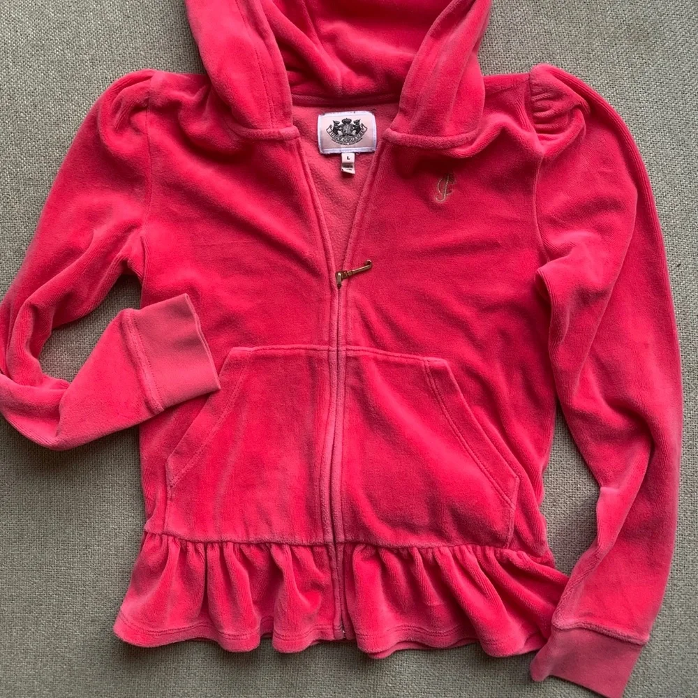 Y2K Barbiecore Juicy Couture Velour Hoodie with Ruffle Back Girls L - Picture 1 of 5